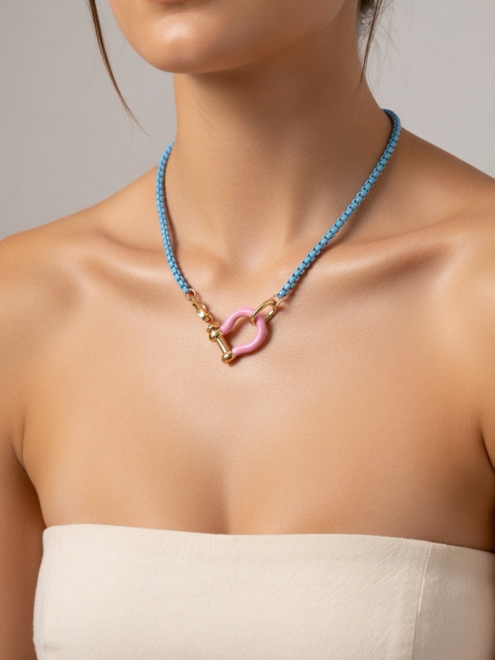 Blue Enamel 3mm Necklace with Pink Horseshoe Toggle Pendant - NWT